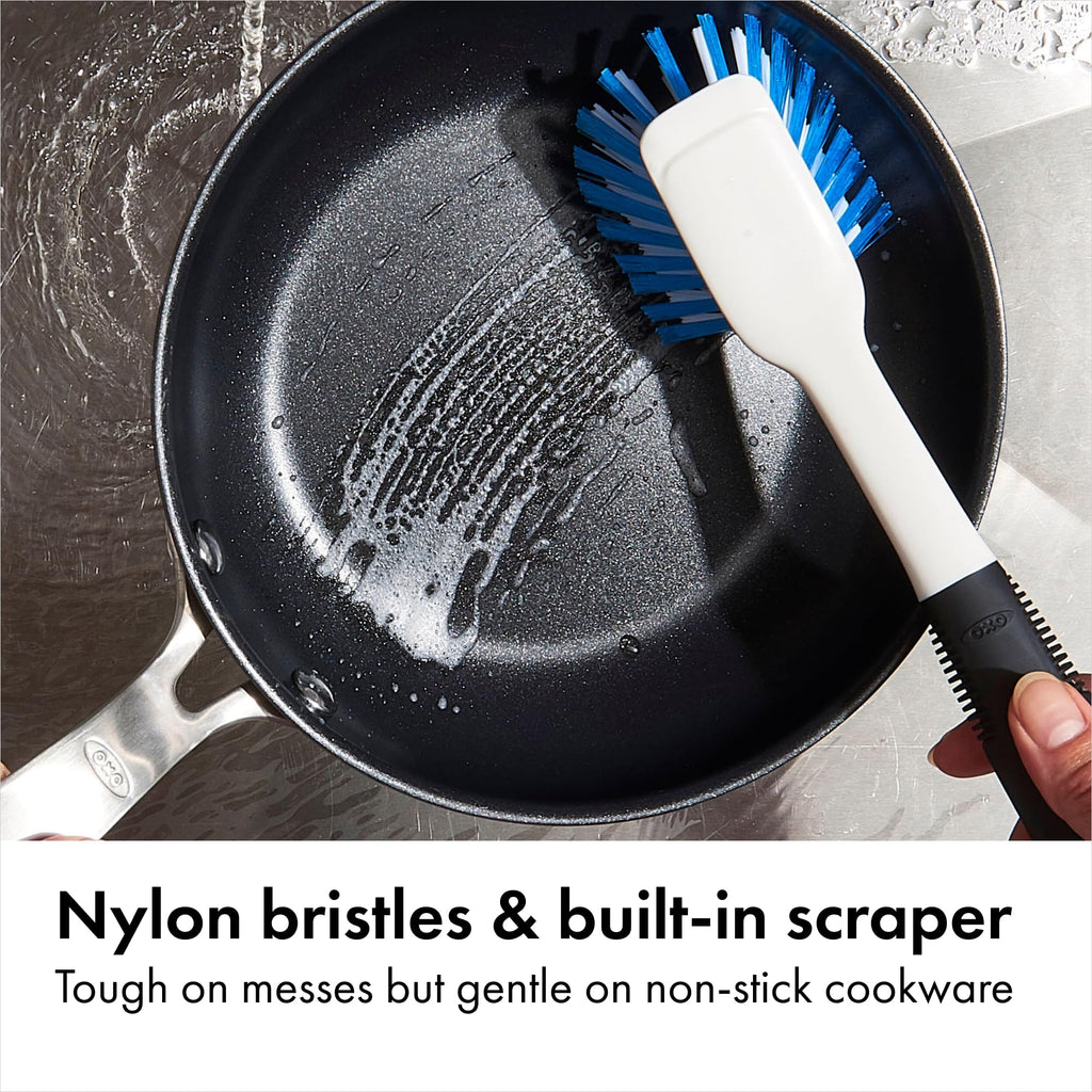 OXO Good Grips Dish Brush, Nylon Bristles with Built-in Scraper, Safe for Non-Stick Cookware, Non-Slip Handle, Dishwasher Safe