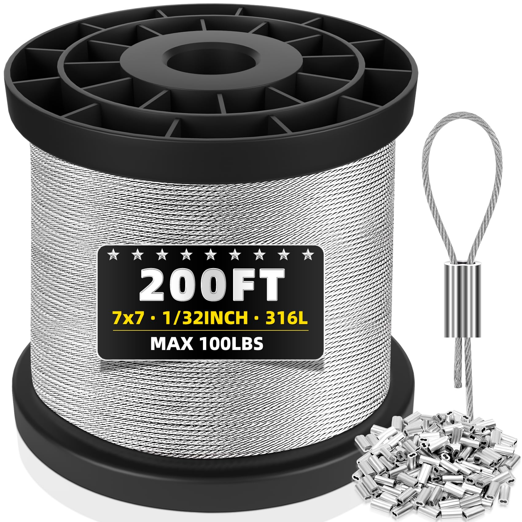 316 Stainless Steel Cable, 200FT 1/32IN Wire Rope with 50Pcs Aluminum Sleeves Stops, for String Lights Hanging, Clotheslines, Trellis Wire