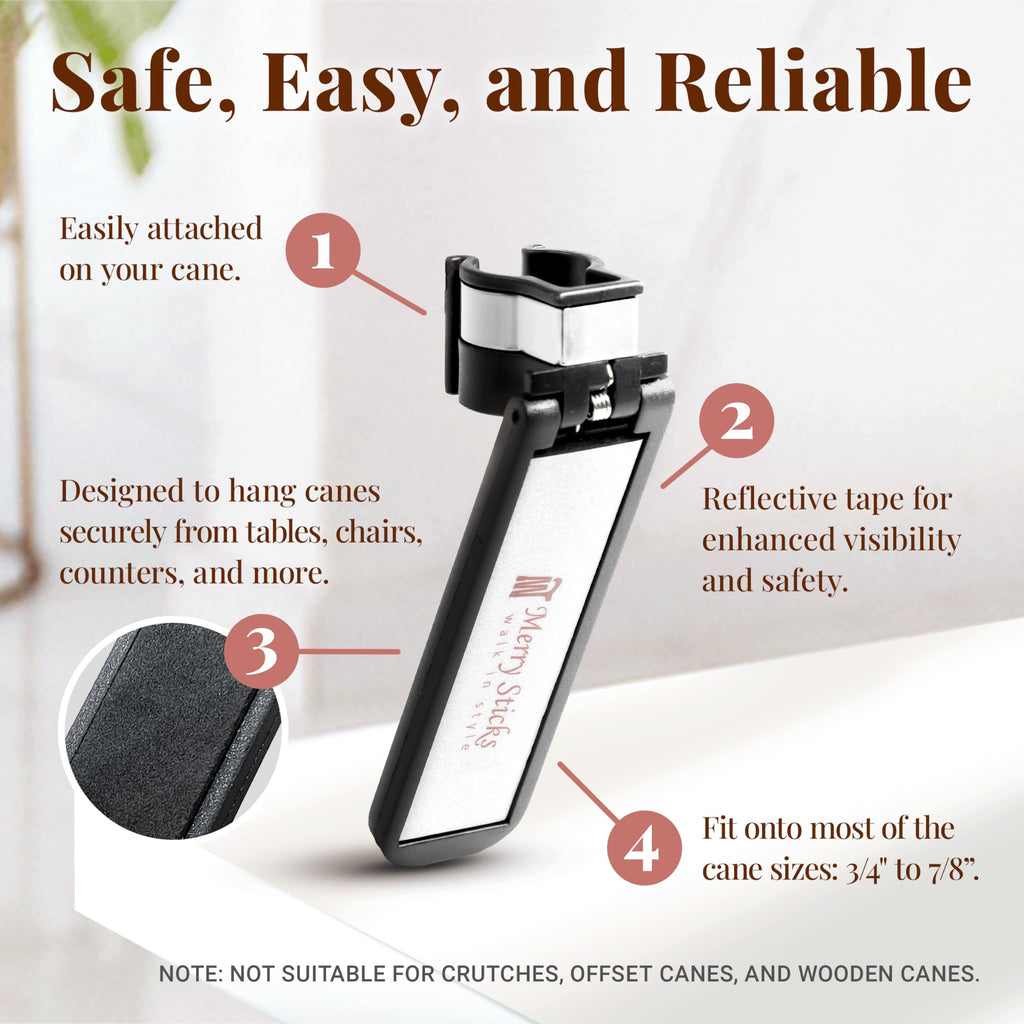 Merry Sticks Walking Cane Holder, Smart Reflective Cane Holder Clip for Table, Walking Stick Accessories for Senior, Portable, Foldable, and Convenient