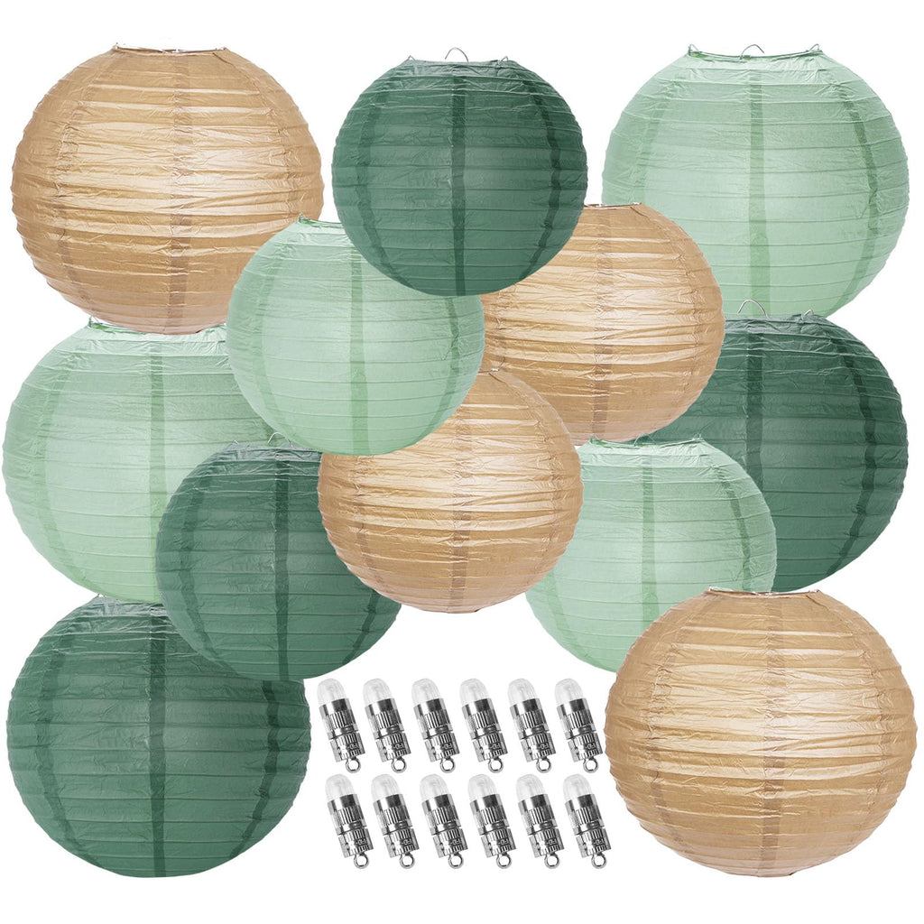 YUNXUAN Paper Lanterns Decorative, Sage Green Forest Tan Hanging Round Chinese Lanterns with Lights for Rustic Party Sage Green Birthday Party 12 LED Light Pack of 12