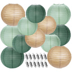YUNXUAN Paper Lanterns Decorative, Sage Green Forest Tan Hanging Round Chinese Lanterns with Lights for Rustic Party Sage Green Birthday Party 12 LED Light Pack of 12