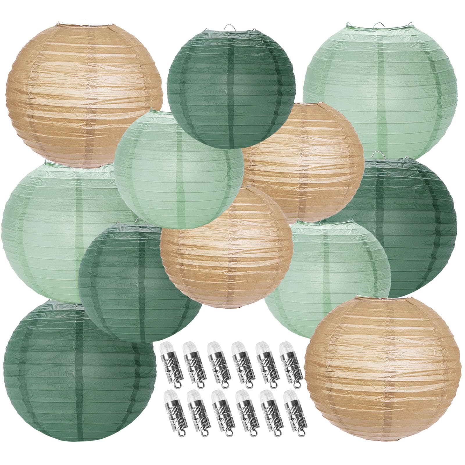 YUNXUAN Paper Lanterns Decorative, Sage Green Forest Tan Hanging Round Chinese Lanterns with Lights for Rustic Party Sage Green Birthday Party 12 LED Light Pack of 12
