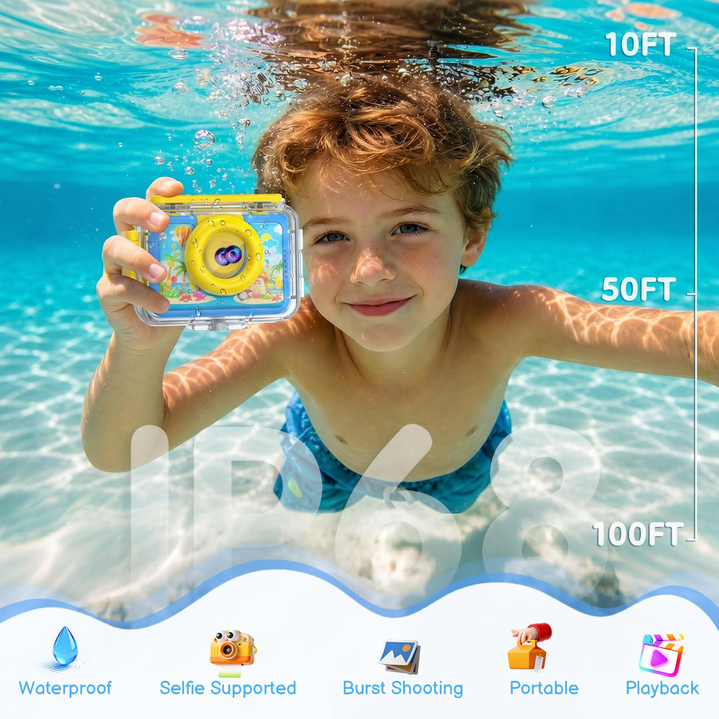 GKTZ Kids Waterproof Underwater Camera 1080P 4X Zoom 2"IPS Screen 32GB Card