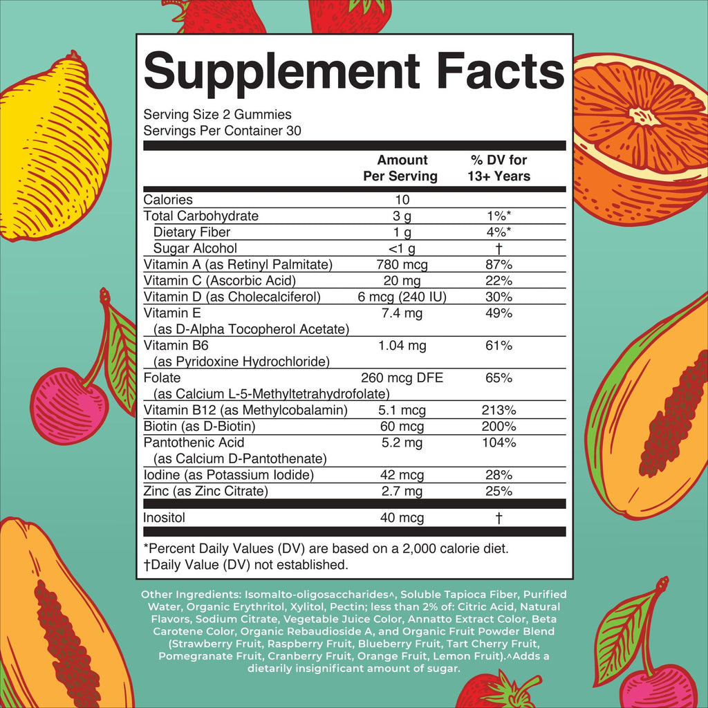 MaryRuth's Multivitamin Gummies for Teens | Vitamin D3, A, C, E, B6, B12, Zinc, Iodine, Biotin | Immunity | Tissue, Vision, & Skin Health | Vegan | Non-GMO | Sugar Free | Gluten Free | 60 Count