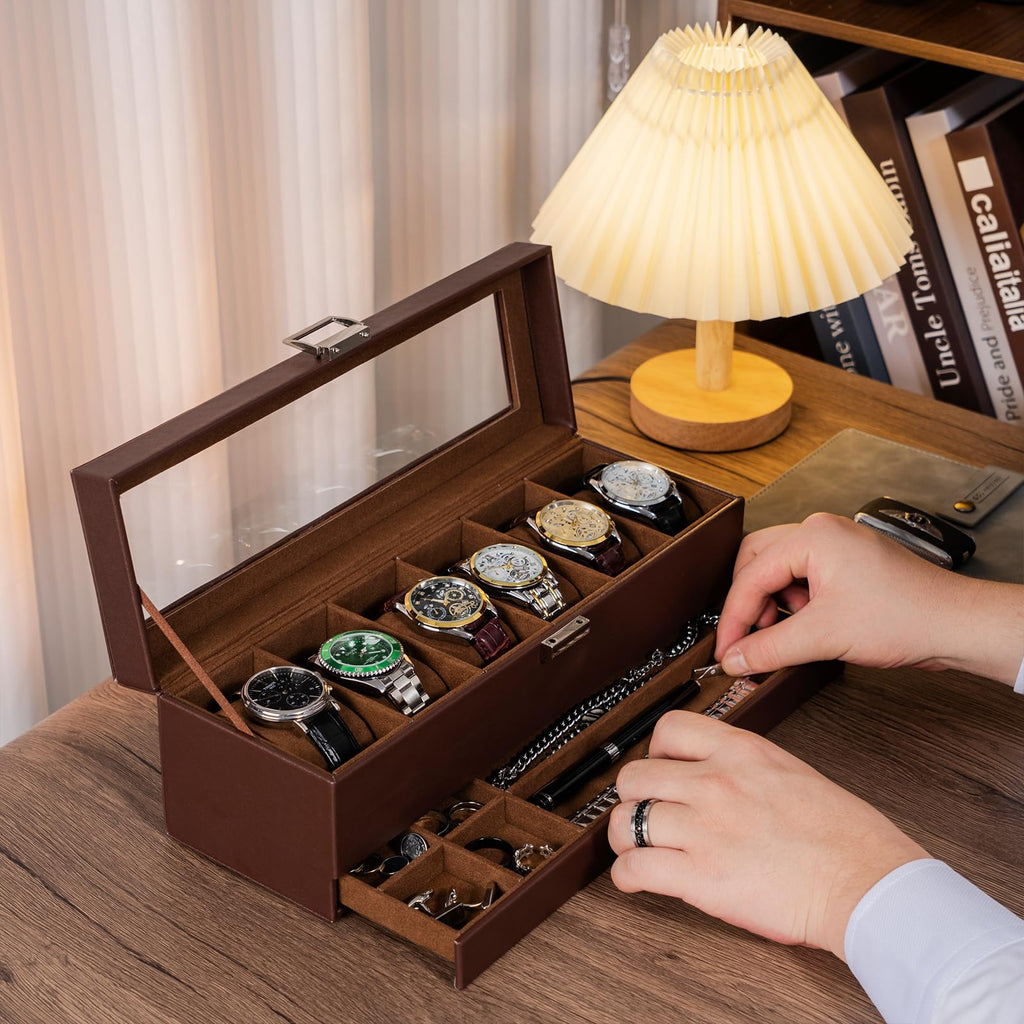 ProCase Watch Box, 6 Slot Watch Display Case with Drawer -Espresso