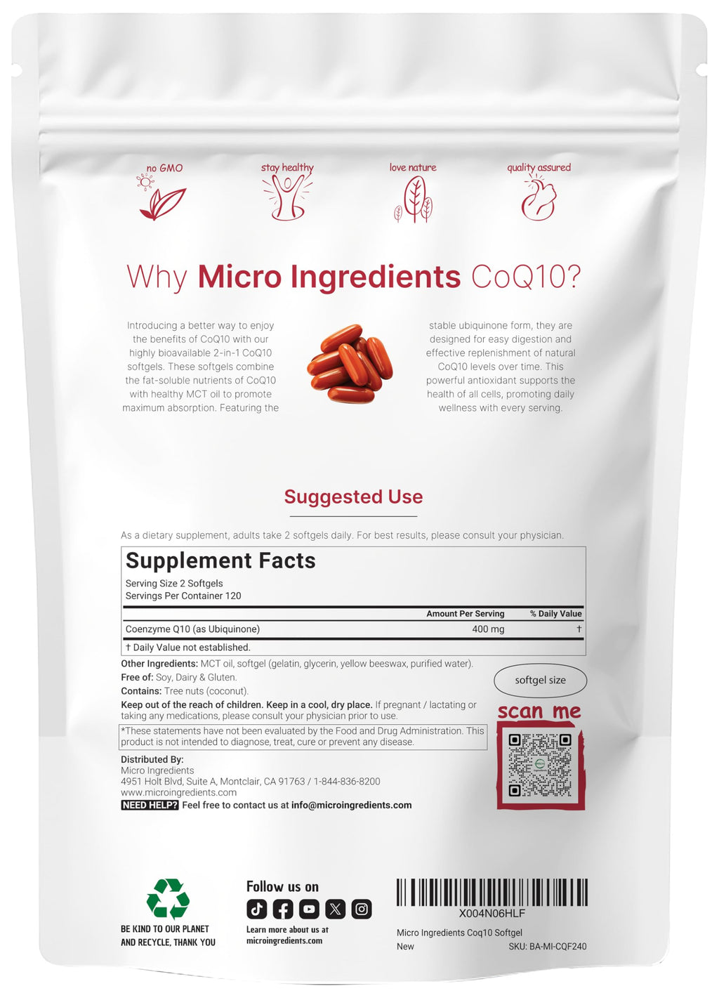 Micro Ingredients CoQ10 400mg Per Serving | 240 Softgels with Coconut MCT Oil | High Absorption Coenzyme Q10 as Ubiquinone | Non-GMO