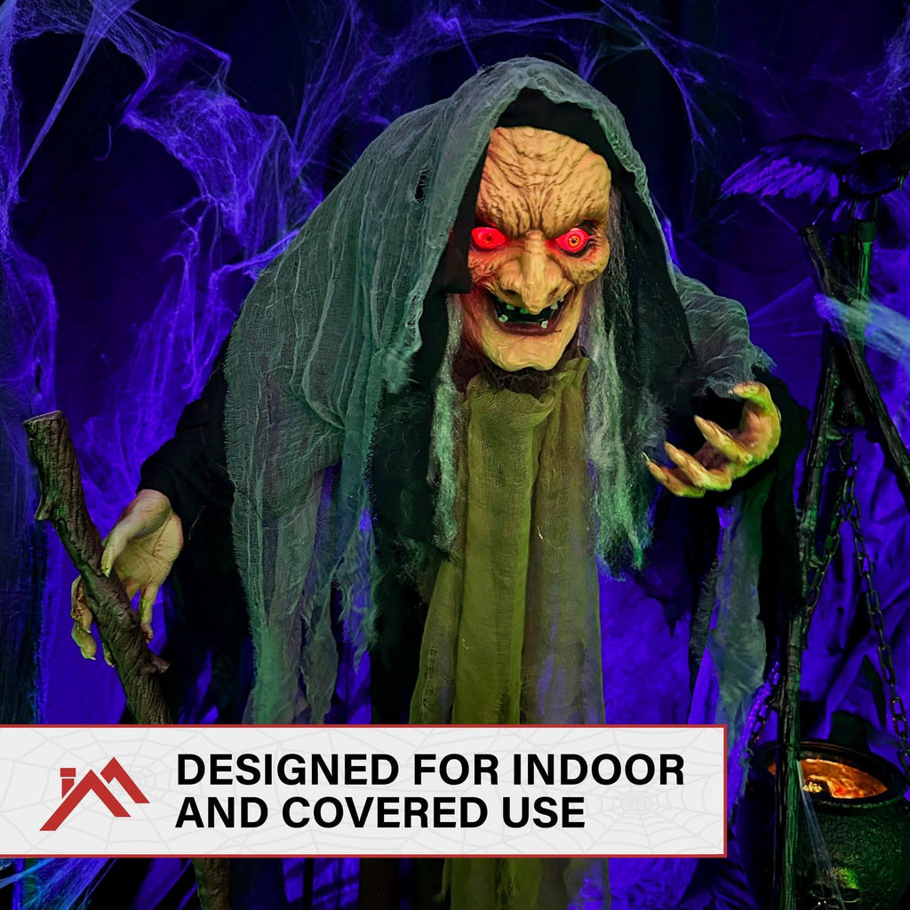 Haunted Hill Farm Life-Size Scary Poseable Talking Witch, Halloween Animatronic with Touch Activated Lights and Sound, Battery Operated Indoor or Covered Outdoor Halloween Decorations, Halloween Prop
