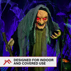 Haunted Hill Farm Life-Size Scary Poseable Talking Witch, Halloween Animatronic with Touch Activated Lights and Sound, Battery Operated Indoor or Covered Outdoor Halloween Decorations, Halloween Prop