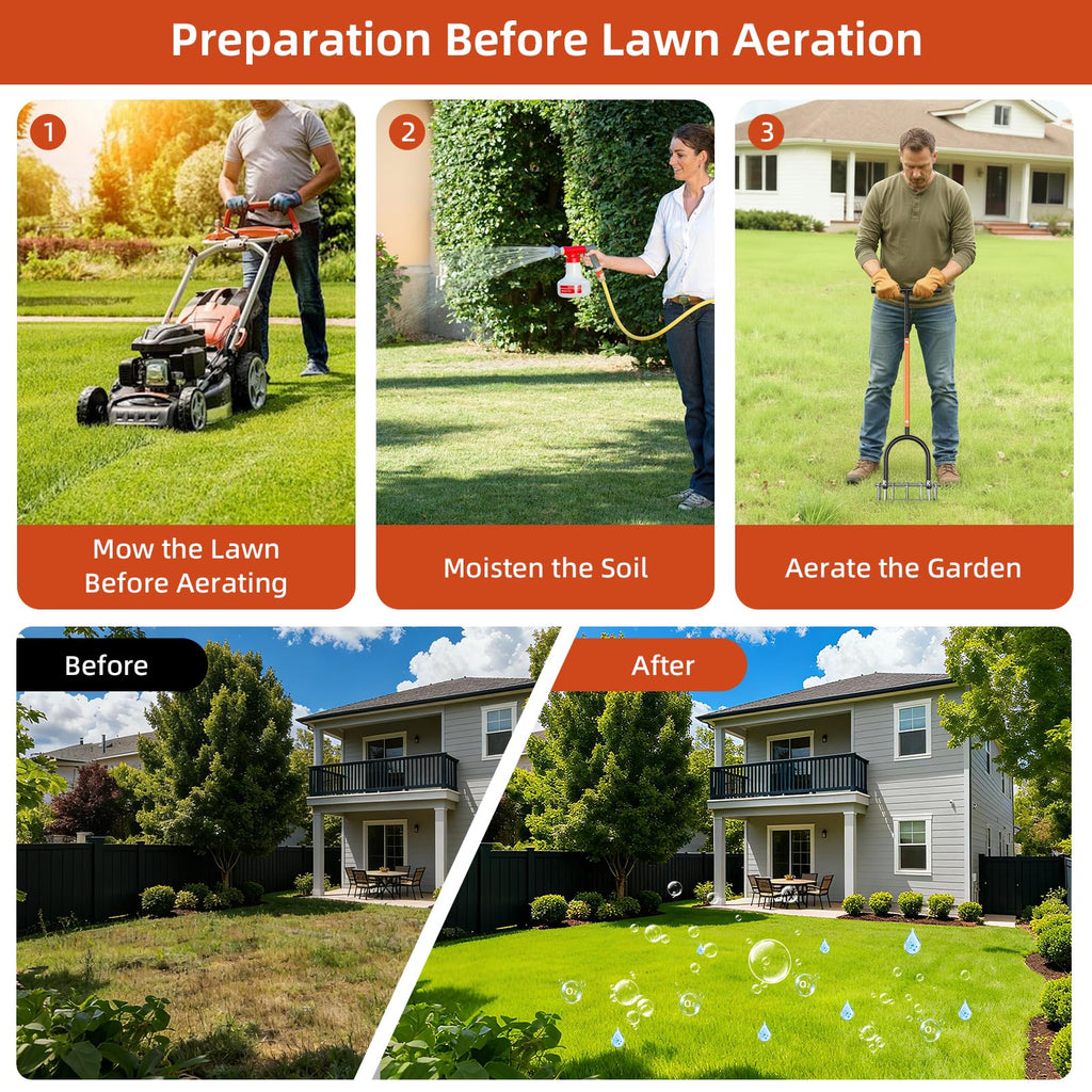 GAINO Manual Lawn Aerator Tool with 15 Spikes, 32"-35" Adjustable T-Handle Aerator for Lawn, Automatic Dirt Ejection Design, Heavy Duty Yard Grass Aerator for Soil Compaction, Black & Orange