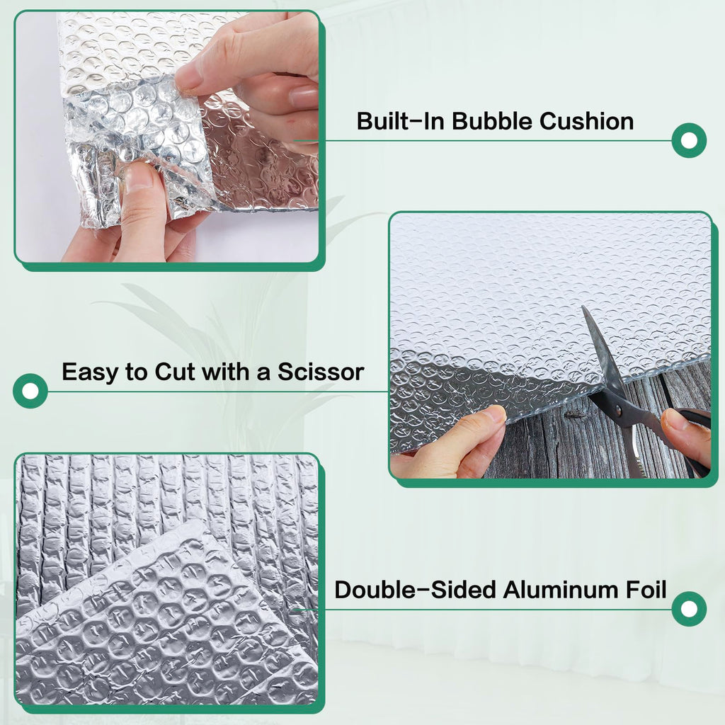 Reflective Bubble Insulation Sheet, Double Side Aluminum Foil Bubble Shield, Aluminum Foil Thermal Insulation Radiant Barrier for Windows, RV, Roof, Garage Door (47IN X 10FT)