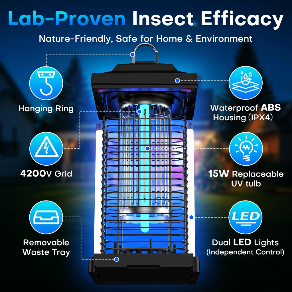 AVAXO Bug Zapper Outdoor, Dual Wavelength UV 50000H Lifespan & Dual LED Lamps, 1/2 Acre Coverage, 5 Zaps/Sec, 4200V Electric Mosquito Zapper, IPX4 Waterproof Fly Trap for Indoor Patio Backyard