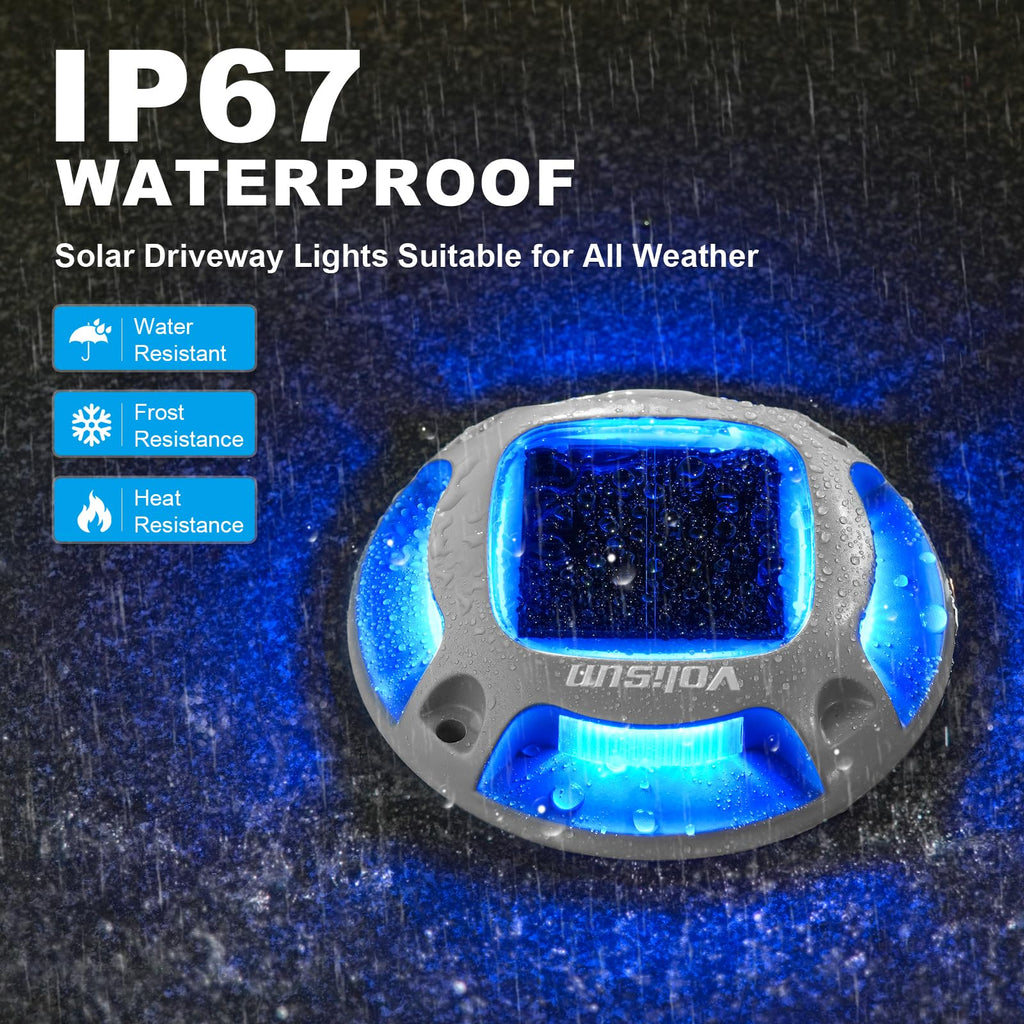 VOLISUN Solar Driveway Lights Dock Marine Lights 16 Pack,2 Colors in 1,Outdoor LED Deck Light,Solar Powered Waterproof Warning Step Light for Driveway Sidewalk Pathway (Blue/White),Saltwater Resistant