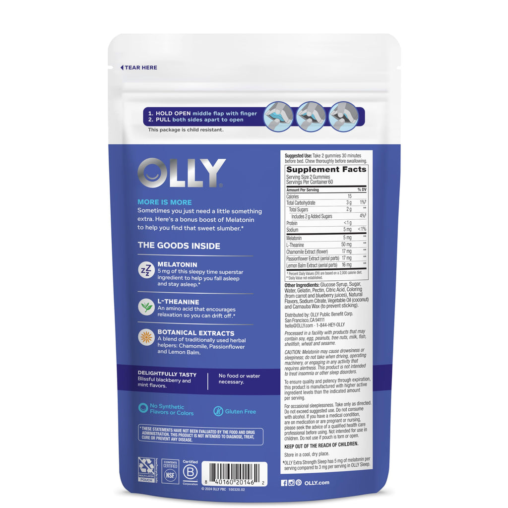 OLLY Extra Strength Sleep Gummy, 5 mg Melatonin, L-Theanine, Chamomile, Lemon Balm Extracts, Sleep Aid, BlackBerry Flavor - 120 Count