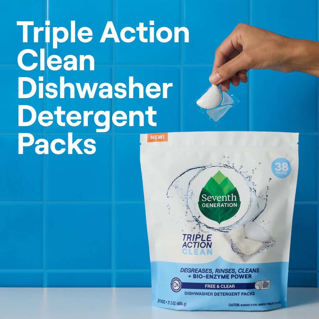 Seventh Generation Triple Action Clean Automatic Dishwasher Detergent Packs with Bio-Enzyme Power, Free & Clear, Fights 48-hour Stuck-on Food, 54 count (Pack of 4)