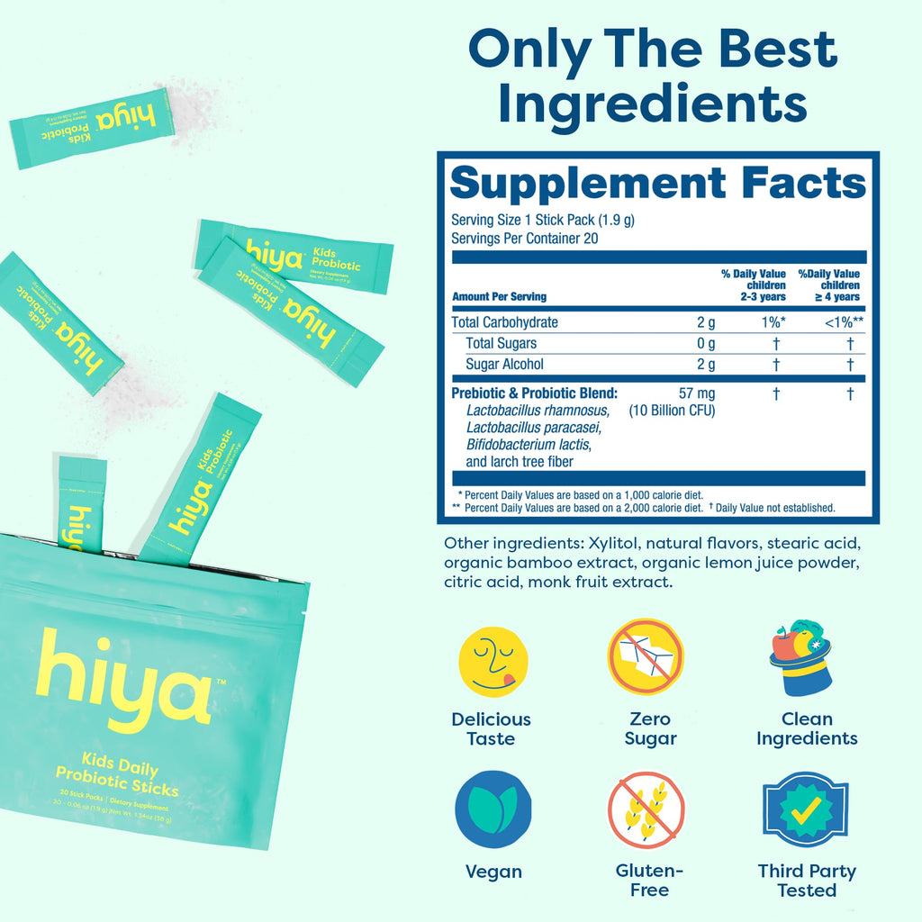 Hiya Kids Probiotic – 10 Billion CFU with Clinically-Studied Strains for Ages 2+, Supports Gut Health & Immune, 0g Sugar – 20 Stick Packs for Toddlers & Kids