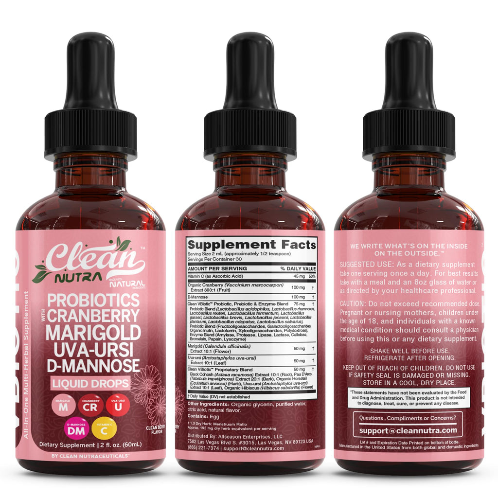 Clean Nutraceuticals VBiotic Vaginal Probiotic for Women Liquid Drops | Cranberry Uva Ursi Horsetail D-Mannose Prebiotics Marigold & Black Cohosh Vaginal Health Supplement | pH Balance