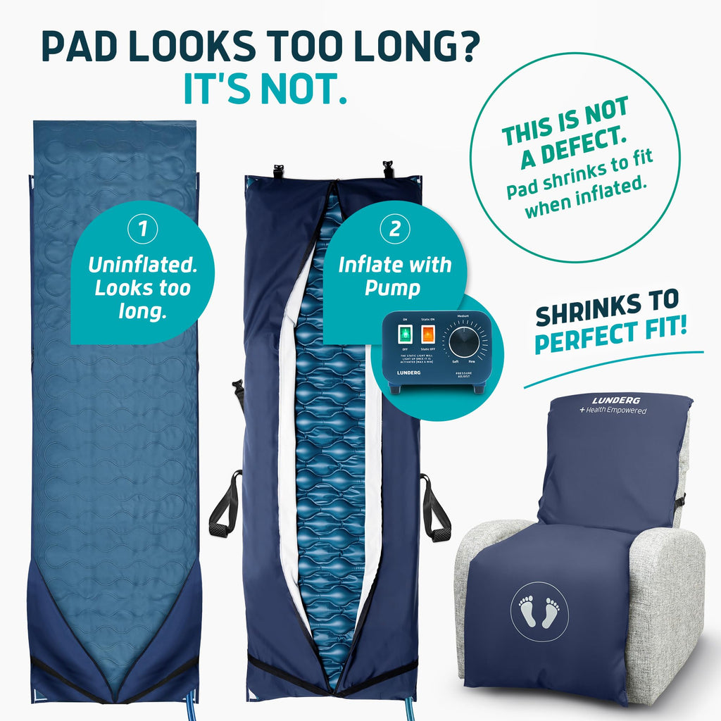 Lunderg Alternating Air Pressure Pad for Recliner Chair - Pressure Relief Cushion Topper for Recliner - Bed Sore Prevention - Medical Grade Mattress Pad, Cover & Quiet Pump - Home or Hospital (Blue)