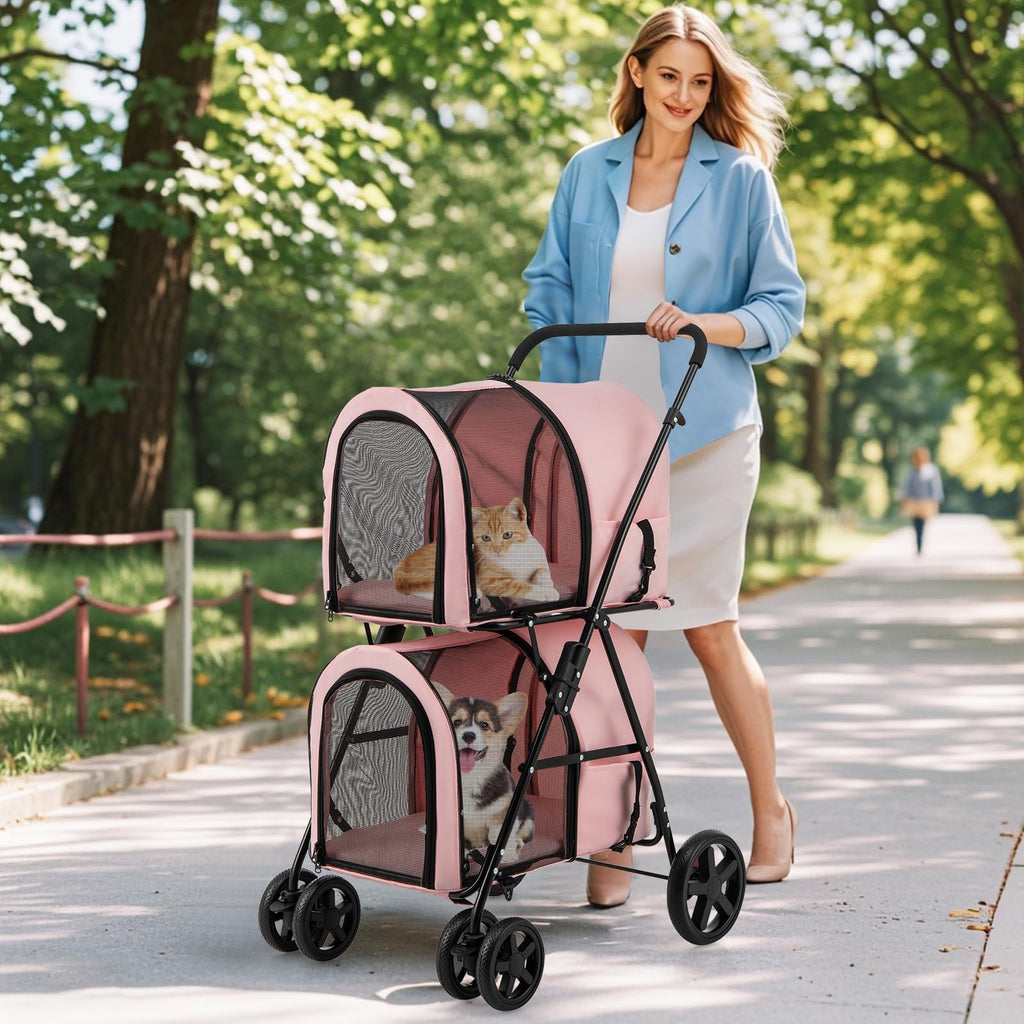 HAPPAWS Dog Stroller with 2 Detachable Carrier, Pet Stroller for Small Medium Dogs Cats, Jogger/Travel/Camping, 4-in-1 Doggy Pet Carrier, Carrier Strolling Cart with Lockable Wheels (Light Pink)