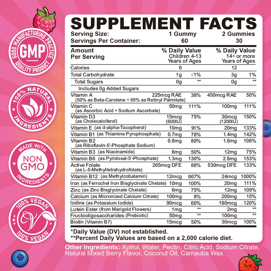 Iron Gummies for Kids & Teens, Kids Multivitamin with Iron Supplement, Calcium, Folate, Zinc, Prebiotic - for Blood Builder & Energy Support, Iron Deficiency - Vegan & Non-GMO - 60 Count Mixberry