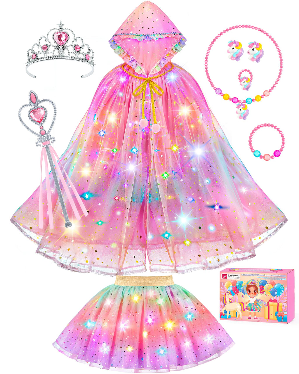 Princess Dress Up for Girls, Unicorn Light up Princess Cape Princess Dress