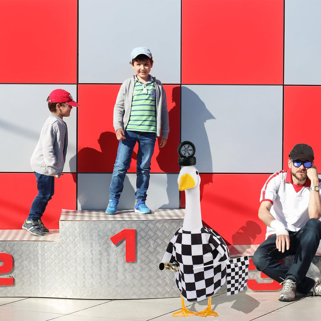 CAMDUCK Porch Goose Outfits Geese Race Car Driver Costume Clothing Racer Jumpsuit Clothes Lawn Goose Racing Suit with Tire Cap Flag Trophy Yard Goose Accessories for Garden Outdoor Decor