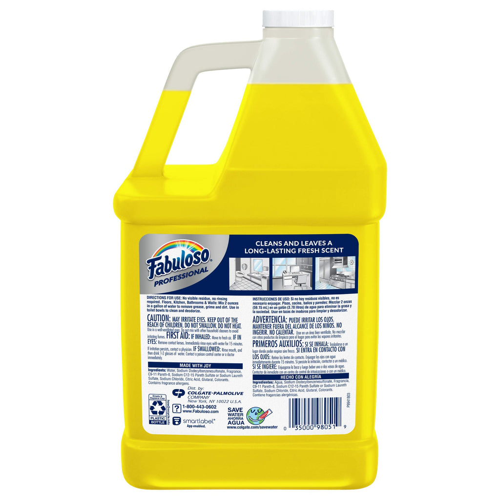 FABULOSO Professional All Purpose Cleaner & Degreaser, Lemon, Concentrated Formula, Bathroom Cleaner, Toilet Cleaner, Floor Cleaner, 4 Gallons Total (128oz | Case of 4)