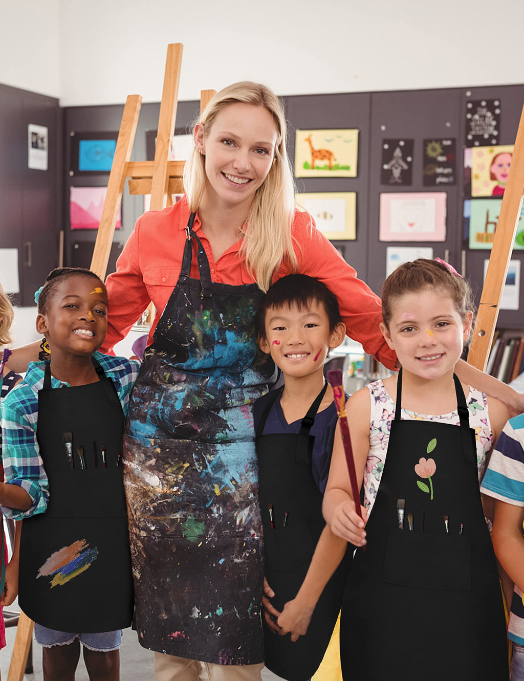 ZLEVEAYN 30 Pcs Kids Apron Bulk Adjustable Children Bib Aprons with Pockets for Girls Painting Kitchen Cooking Baking (Black, L)