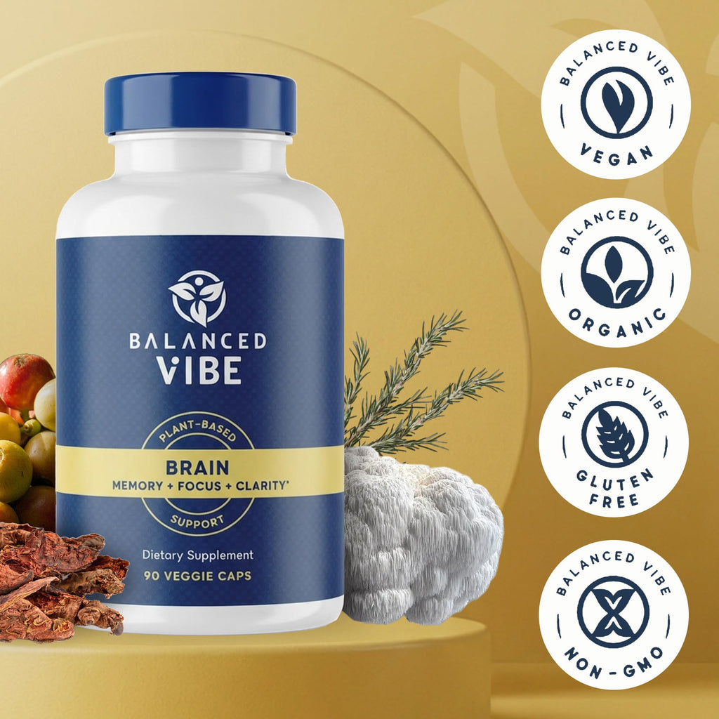Balanced Vibe Brain Supplement 8 in 1 with Lion's Mane, Bacopa, Rhodiola, Ginkgo Brain Supplements for Memory, Focus & Mental Clarity, Non-Stimulant, Organic, Vegan, GMP Certified, 90 Capsules
