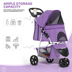 Magshion 3-Wheel Pet Stroller, Foldable Travel Jogger for Small & Medium Dogs & Cats (Up to 33lbs), Lightweight Carrier with Breathable Mesh Cover, Cup Holder & Storage Basket, Purple Polka Dots