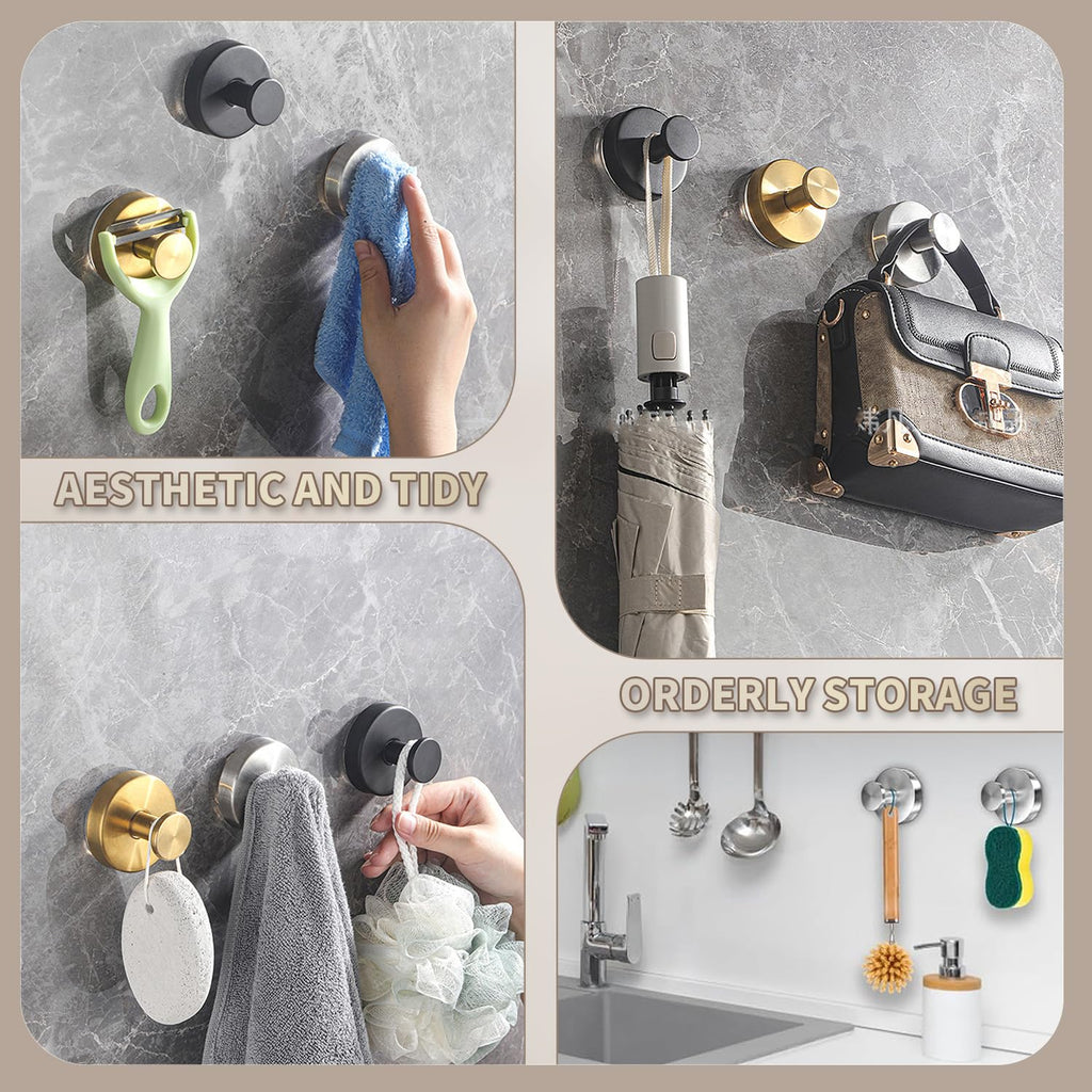 SOCORIA 2026 Upgraded Drill-Free Suction Cup Hooks, Stainless Steel Suction Cup Hooks for Shower, Mirror, Wall, Bathroom, Glass, Hanging Towels - 4 Pack, Black