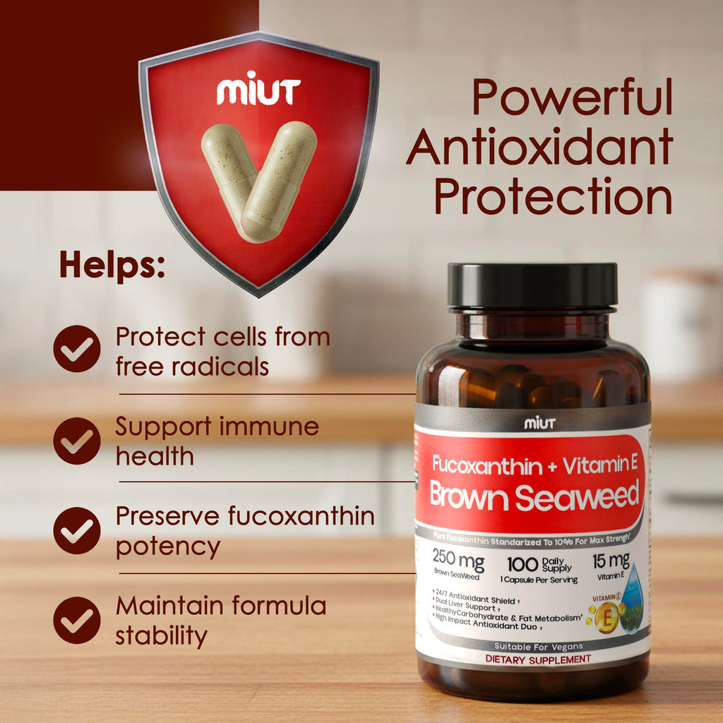 MIUT Fucoxanthin Brown Seaweed Extract Supplement 250mg - 10% Standardized Fucoxanthin w/Vitamin E & MCT Oil, Antioxidant & Metabolic Support - Vegan Marine Carotenoid Formula, Non-GMO - 100 Capsules