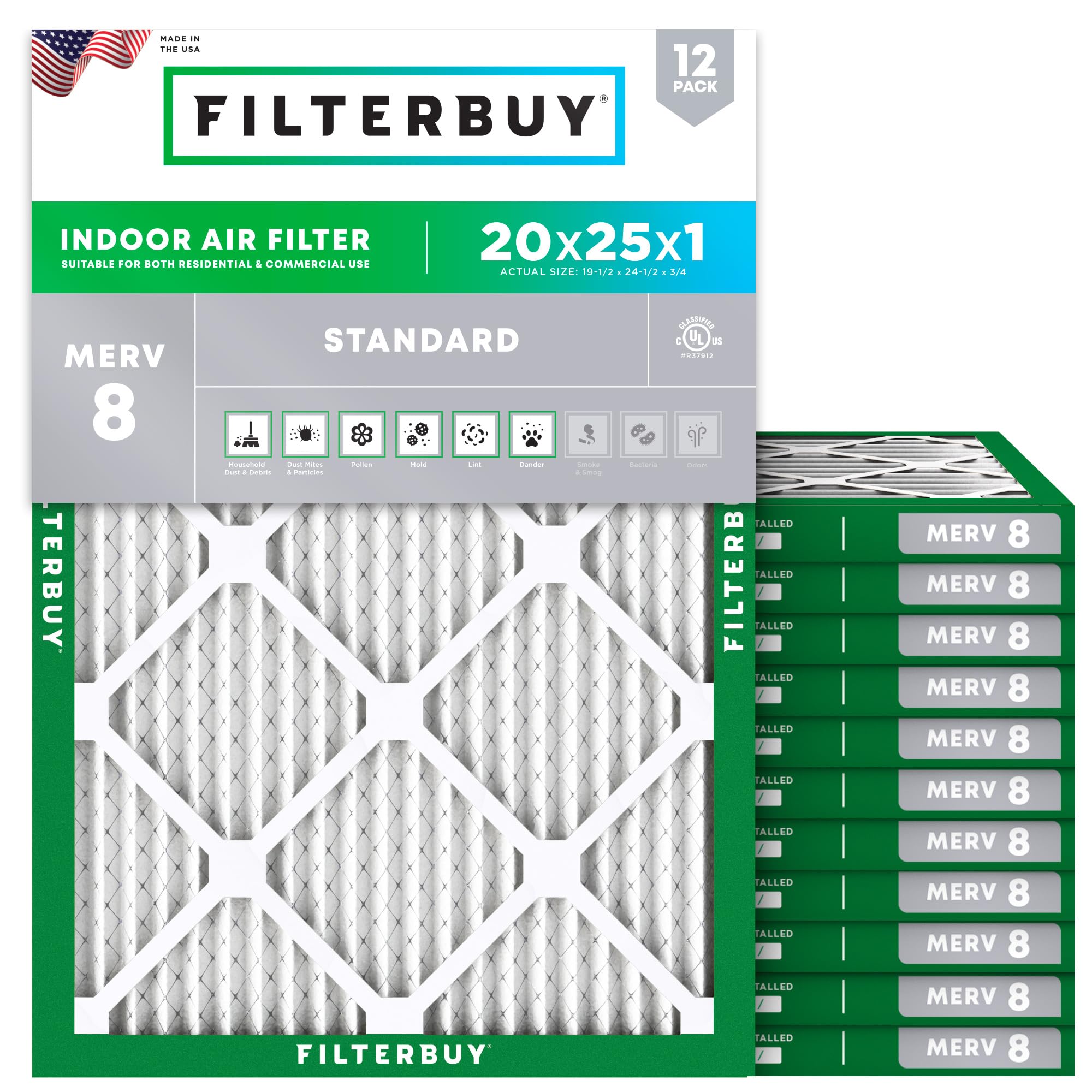 Filterbuy 20x25x1 Air Filter MERV 8 Essential Dust & Allergy Defense (12-Pack), Electrostatic Pleated HVAC AC Furnace Filters Replacement, Made in USA (Actual Size: 19.50 x 24.50 x 0.75)