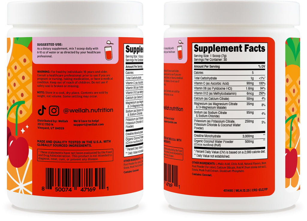 Wellah Creatine + Electrolytes Powder (Fruit Punch) 30 Servings - Hydration Drink Mix with 3g of Creatine Monohydrate