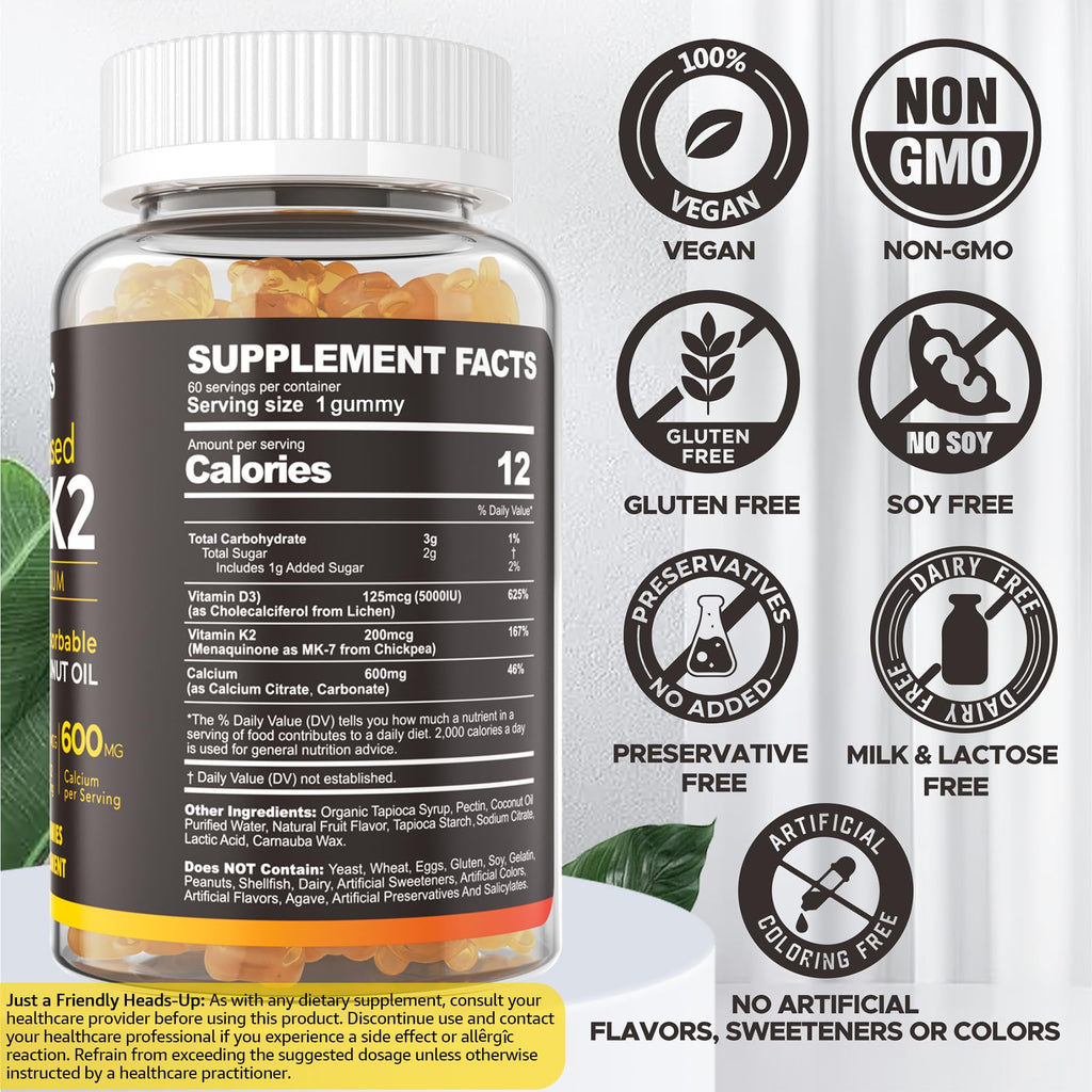 Vitamin D3 5000iu & K2( as MK7 ) 200mcg Gummies + 600mg Calcium, with Coconut Oil for High Absorption, Maximum Strength Vitamin D3 K2 Supplement - Support for Bones Muscle Teeth Immune, Vegan 2Packs