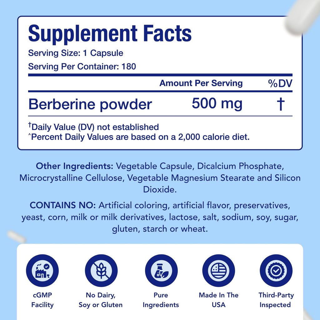 Easy Absorption Berberine Supplement 500mg | Herbal GLP-1 Nutritional Support Supplement with Berberine 500mg | Help Support Healthy Lifestyle | Made in The USA in cGMP Facilities (180 Day Supply)