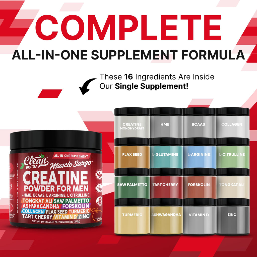 Clean Nutra Creatine Powder for Men + HMB BCAA L Arginine L Citrulline Tongkat Ali Saw Palmetto Ashwagandha Collagen Flax Seed Turmeric Preworkout Stevia Nitric Oxide L Glutamine Amino Acids