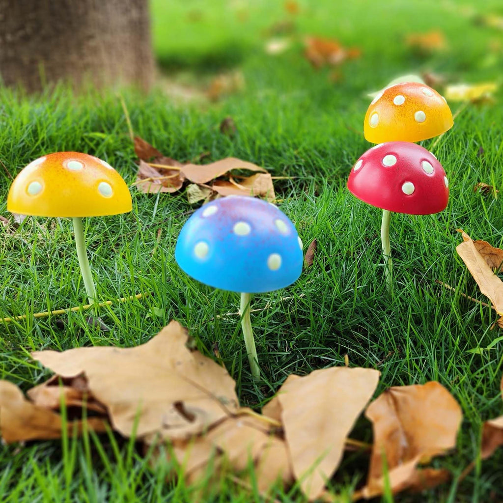 KIKTOP Mushroom Decor Fairy-Garden Outdoor Decor - Garden Decor Glow in The Dark Outdoor Spring Patio Shaking Head Yard Decoration 6 PCS Metal Mushroom Yard Stakes (Red2+Blue2+Yellow2)