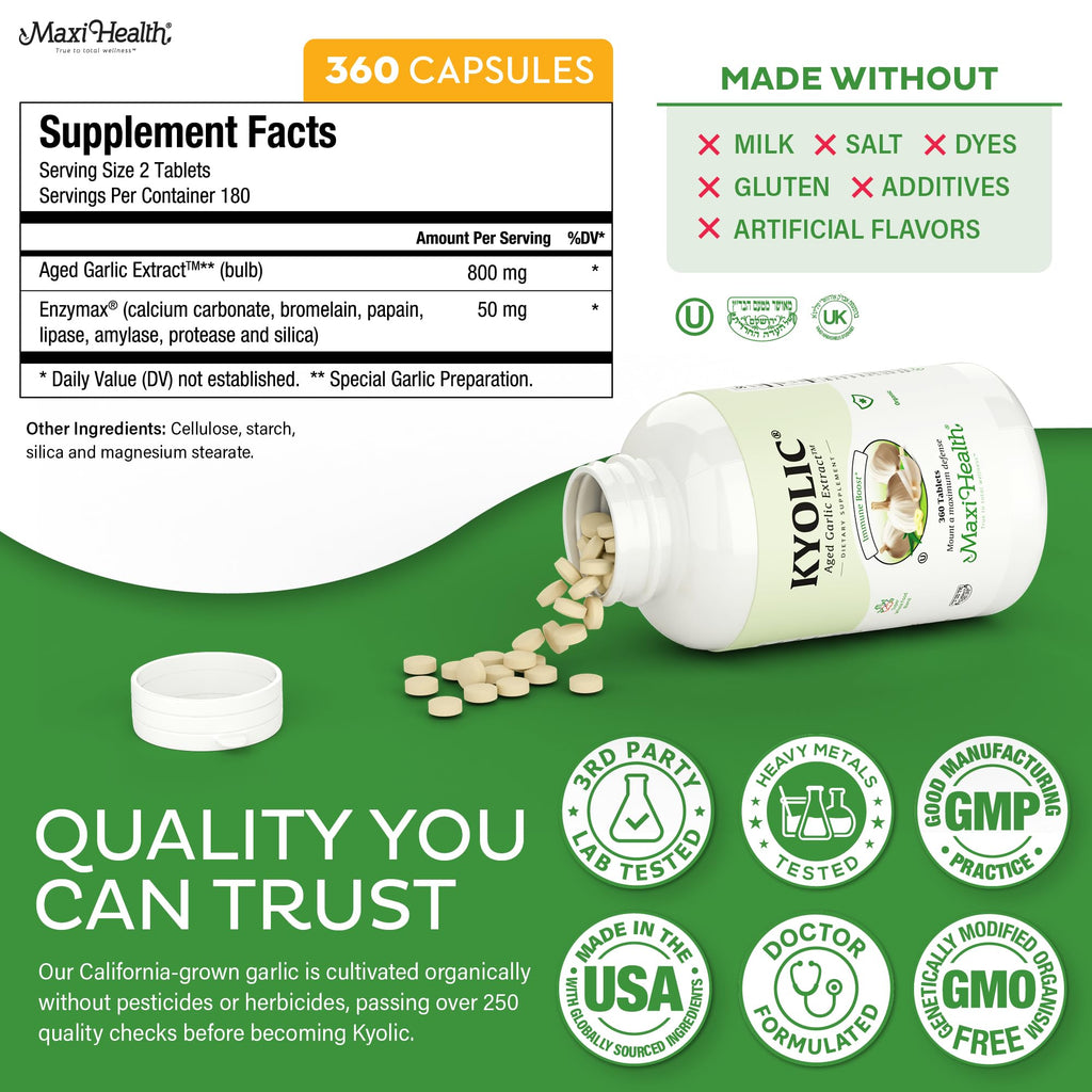 Maxi Health Kyolic Organic Garlic Supplement - Kosher Garlic Tablets with Kyolic Aged Garlic Extract for Immune Support - Vegetarian Garlic Pills (360 Count)
