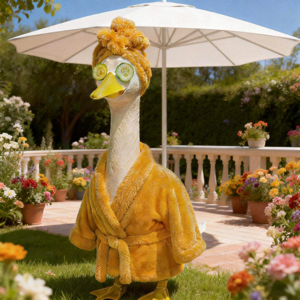 Yooxuned Spa Day Porch Goose Outfits for 23" Statue, Fits 17/23/29" Cement Plastic Geese, 3-Pc Plush Bathrobe, Spa Head Wrap & Cucumber Eye Set, Funny Patio Poolside Garden Decor Gift for Goose Lovers