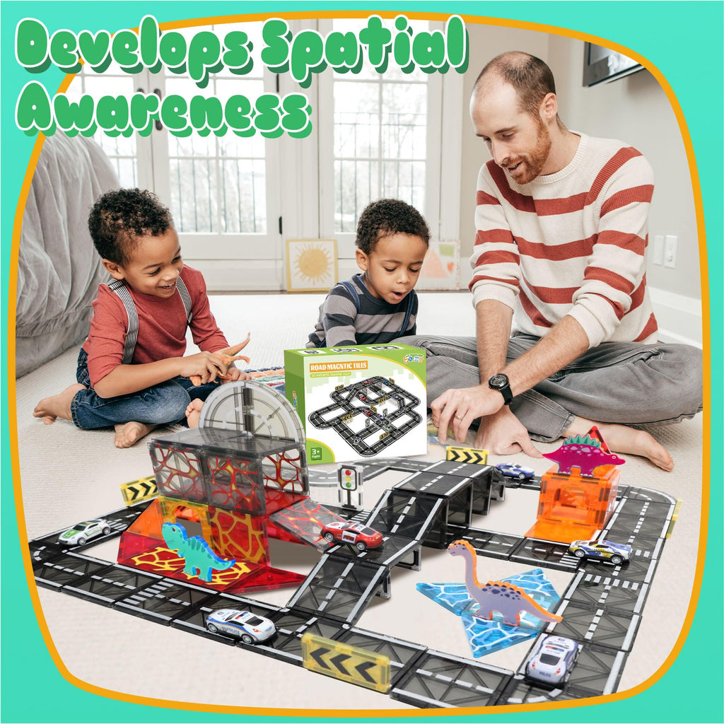 Magnetic Tiles Road Set with Pullback Car, Magnetic Tiles for Kids Ages 3-5 4-8, Magnet Building Tile for Toddler Kids Boys Girls, Creative STEM Building Toy & Learning Educational Magnet Toys