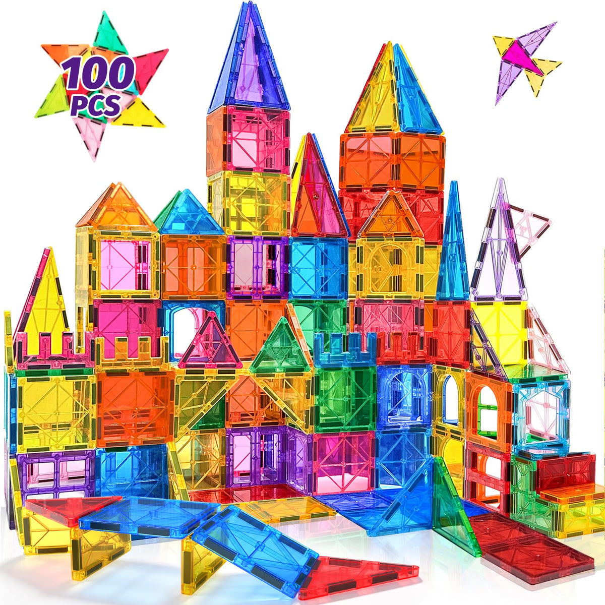 NVHH 100PCS Magnetic Tiles Blocks for Kids Ages 3-5 4-8 STEM Learning Toys