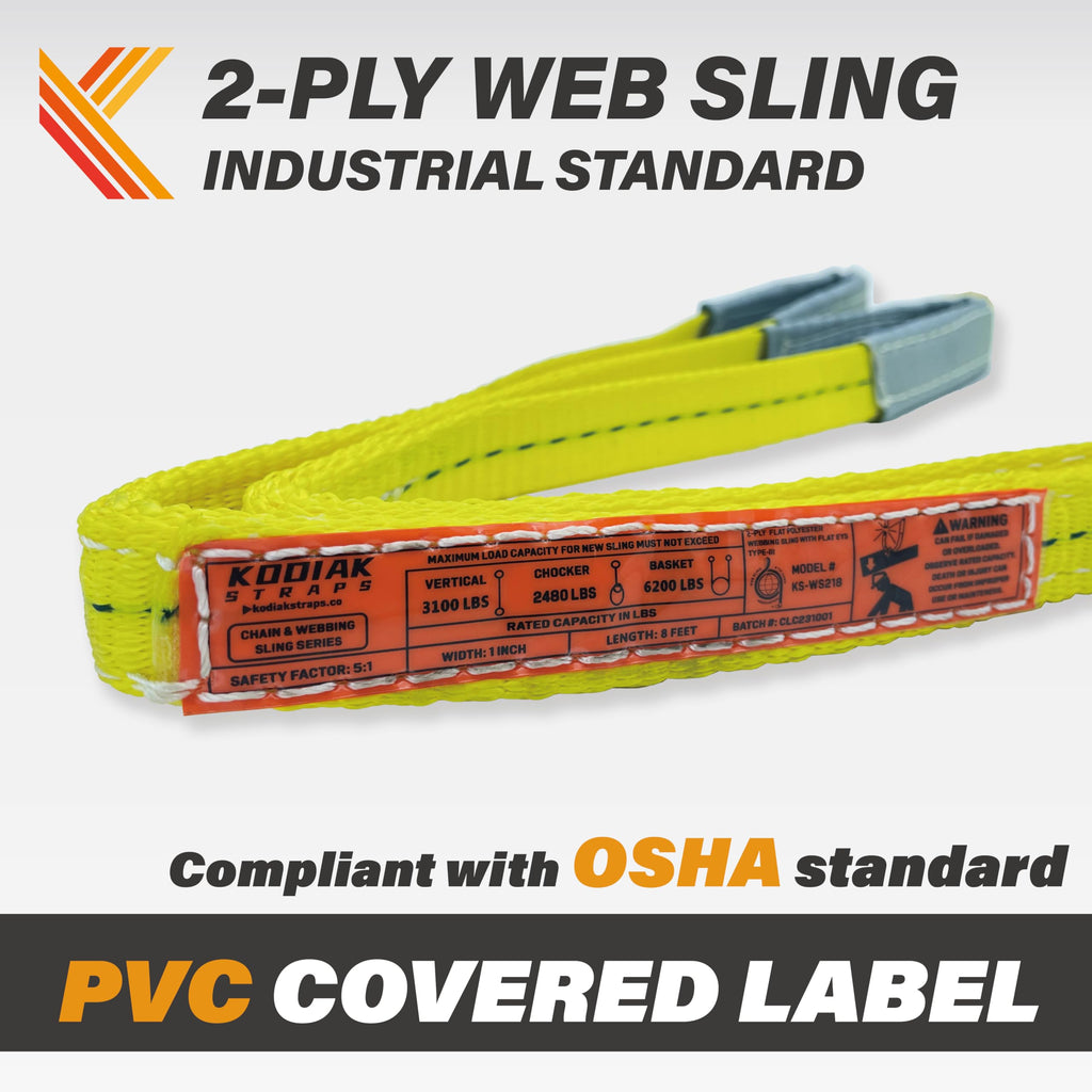 2-Ply Lifting Straps 1”x 8 ft Webbing Sling Tree Saver 2Pack Heavy Duty Web Strap Rigging Moving Towing Hoisting Gear KODIAK STRAPS