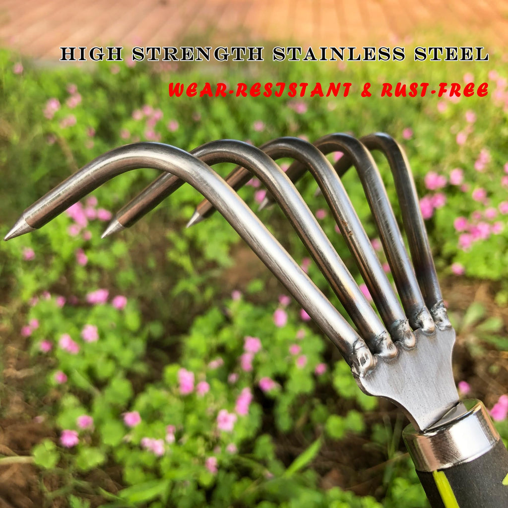 SHANFEEK Garden Rake 5-Claw Landscape Dethatcher Thatching Beach Combing Rake for Digging Clam Shell Defoliation Hoe Garden Tool for Loosen The Soil (Green)
