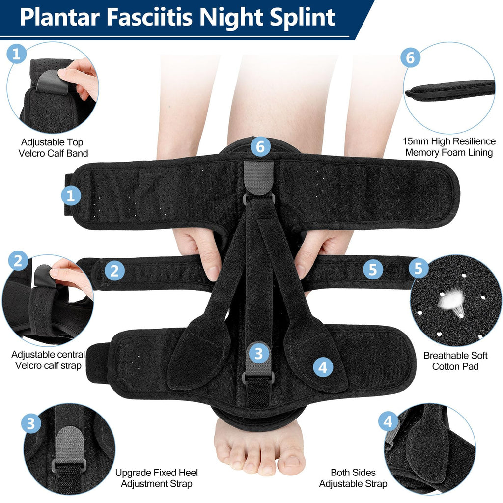 exhood Upgraded Plantar Fasciitis Night Splint, 3 Adjustable Straps Plantar Fasciitis Relief Braces for Achilles Tendonitis, Foot Drop & Heel Spur Pain Relief Day & Night (Black)