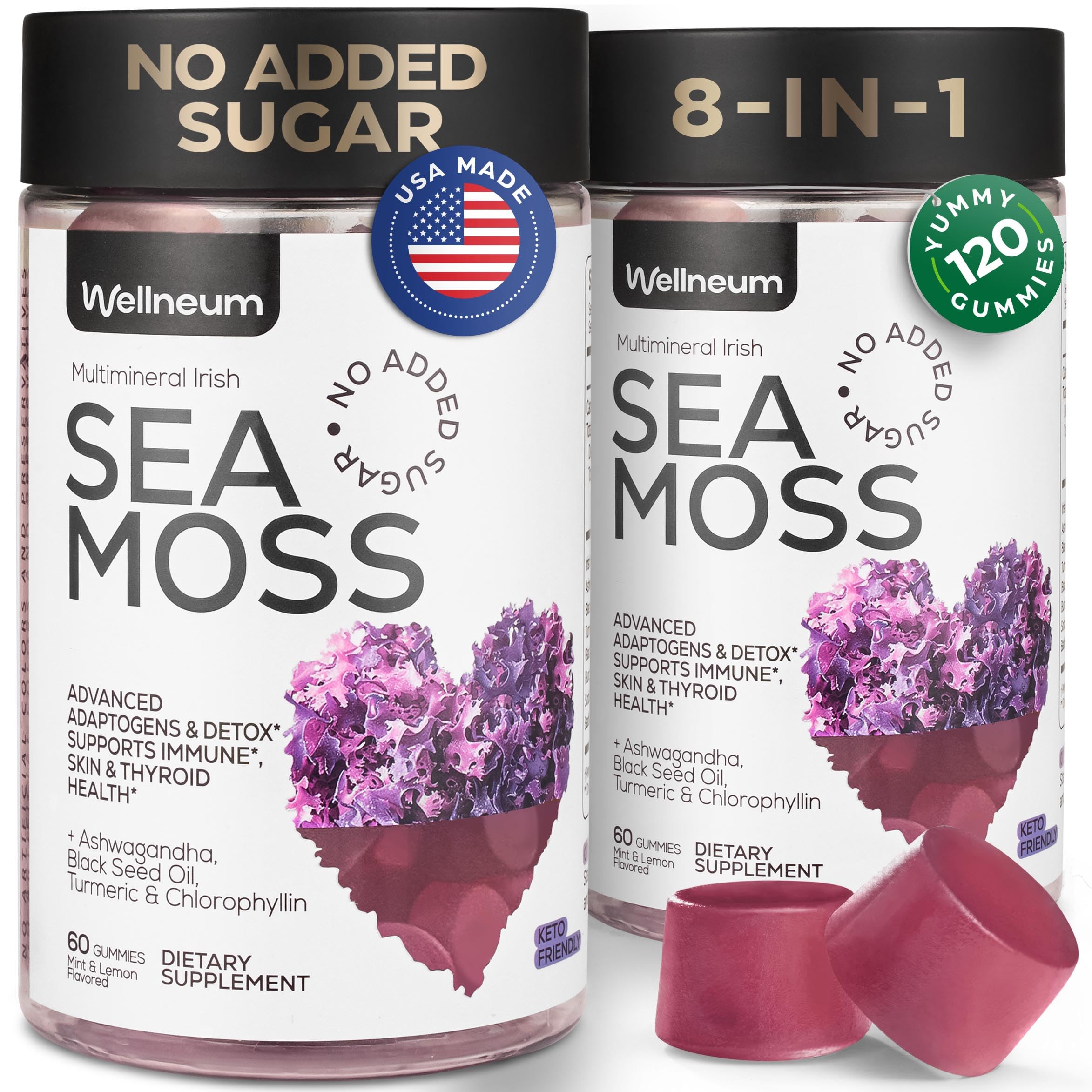 Multimineral Sea Moss Gummies 3000 Mg with Probiotic, Bladderwrack, Black Seed Oil, Ashwagandha, Burdock Root (2 Pack) - Irish Seamoss for Immunity, Thyroid and Gut Health - Vegan, Sugar Free