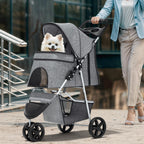Magshion 3-Wheel Pet Stroller, Foldable Travel Jogger for Small & Medium Dogs & Cats (Up to 33lbs), Lightweight Carrier with Breathable Mesh Cover, Cup Holder & Storage Basket, Gray
