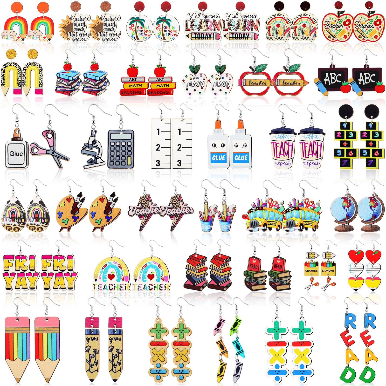 Quelay 36 Pairs Teacher Earrings for Women Fun Wooden Studs Bulk Cute Back to School Gift Dangle Earrings Sets Colorful Pencil Apple Rainbow Jewelry for Classroom Appreciation Jewelry Gift