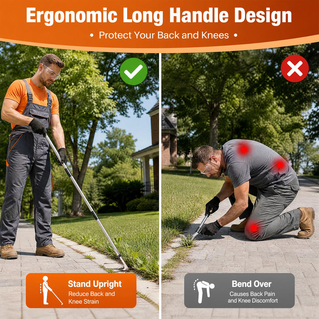 HORM 47.24'' Crack Weeder, Stainless Steel Manual Crevice Weeding Tool, Long Handle Weed Grabber Remover, L-Shaped Manual Weeder Puller, Durable Crevice Weeding Tool for Sidewalk Garden Lawn