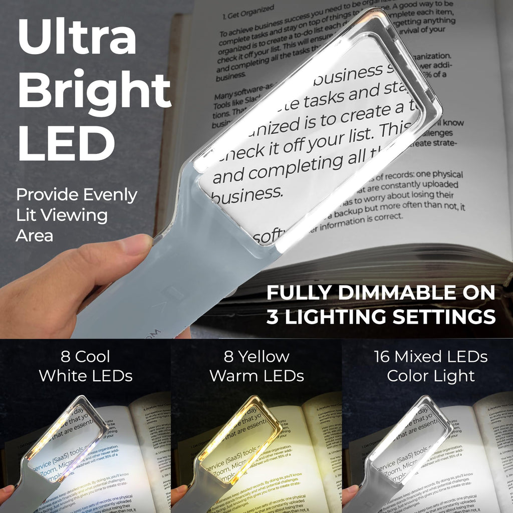 MAGNIPROS Patented 6X Large Magnifying Glass with 3 Color Light Modes | Anti-Glare Lens & Stepless Dimmable LEDs | Perfect for Reading & Inspection - Ideal for Seniors & Low Vision