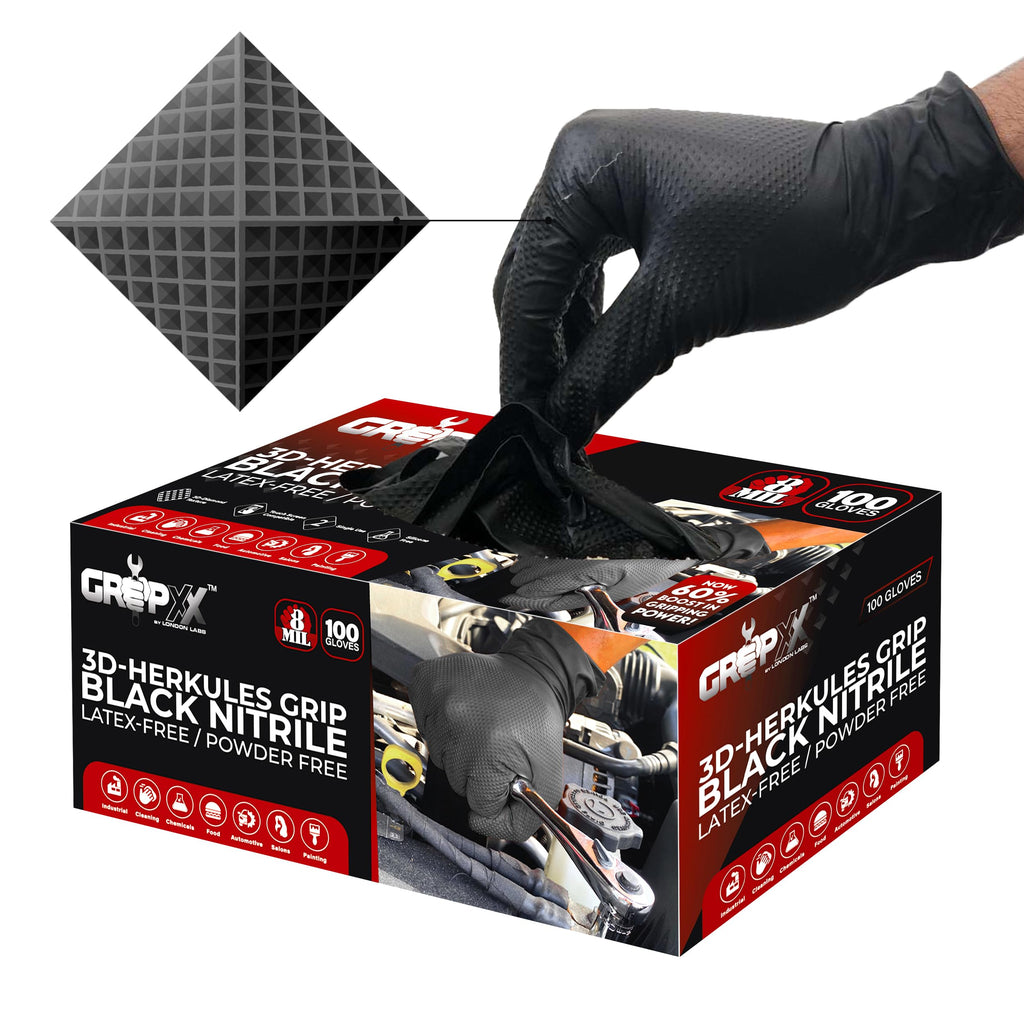GRIPXX Herkules Grip Heavy Duty 8Mil Black Nitrile Gloves,3D Raised Diamond Texture-Latex & Powder-Free-Industrial, Mechanic (100, X-Large)